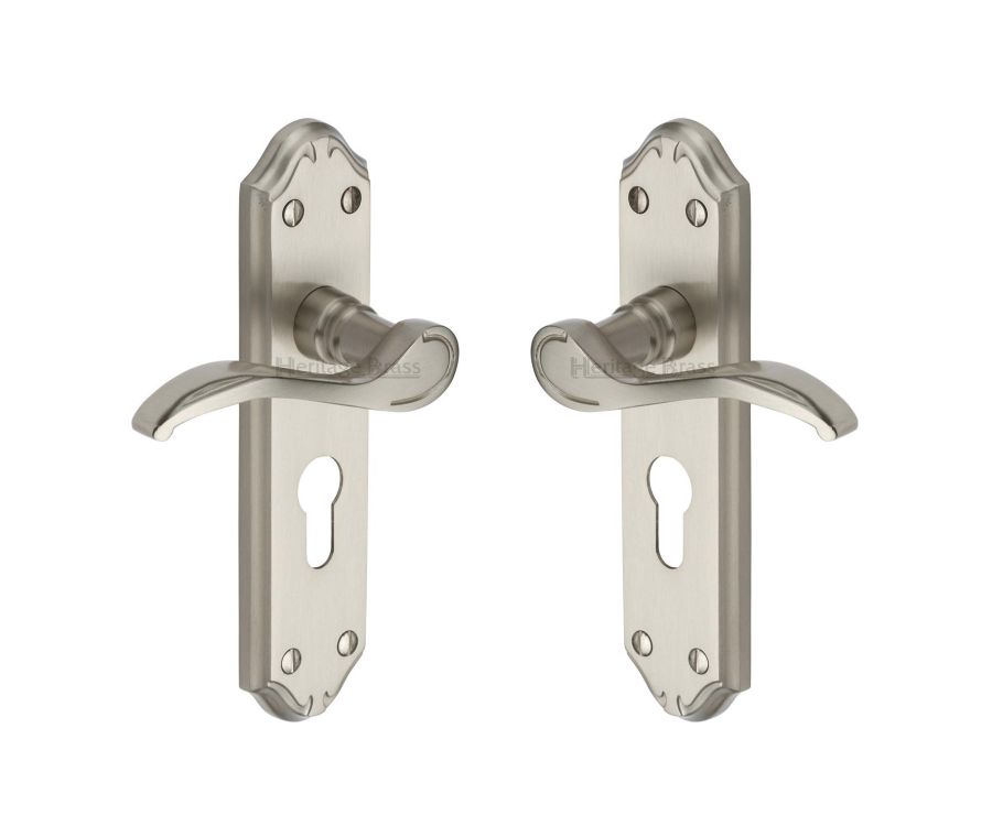 Heritage Brass Satin Nickel Verona Small Door Handle on Plate - Euro Profile