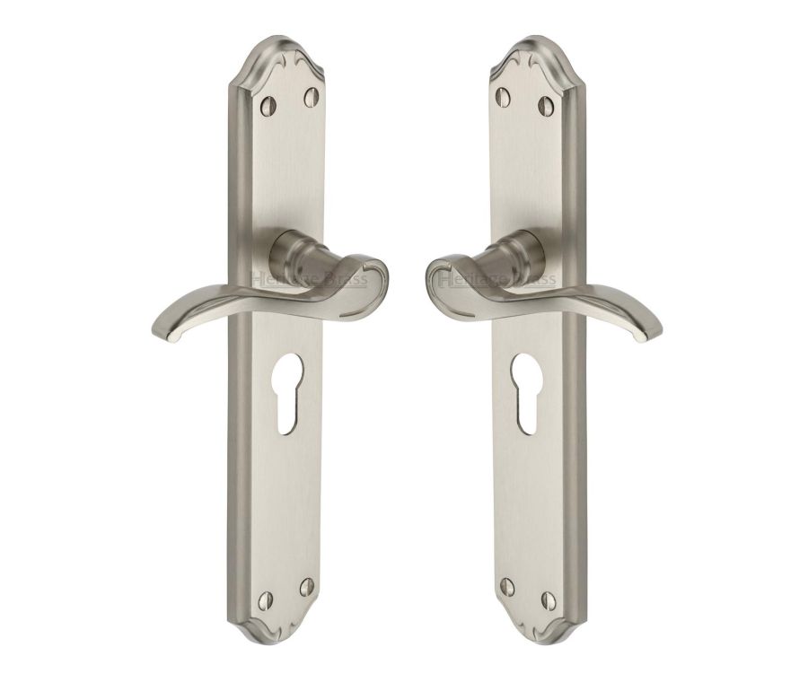 Heritage Brass Satin Nickel Verona Door Handle on Plate - Euro Profile