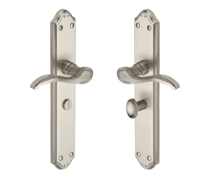 Heritage Brass Satin Nickel Verona Door Handle on Plate - Bathroom Set