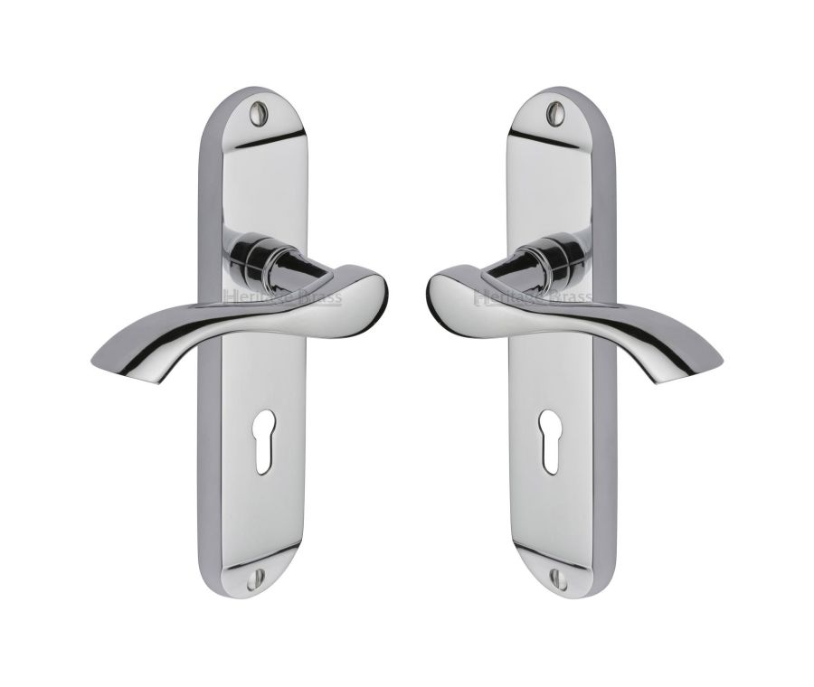 Heritage Brass Polished Chrome Algarve Door Handle on Plate - Lever Lock