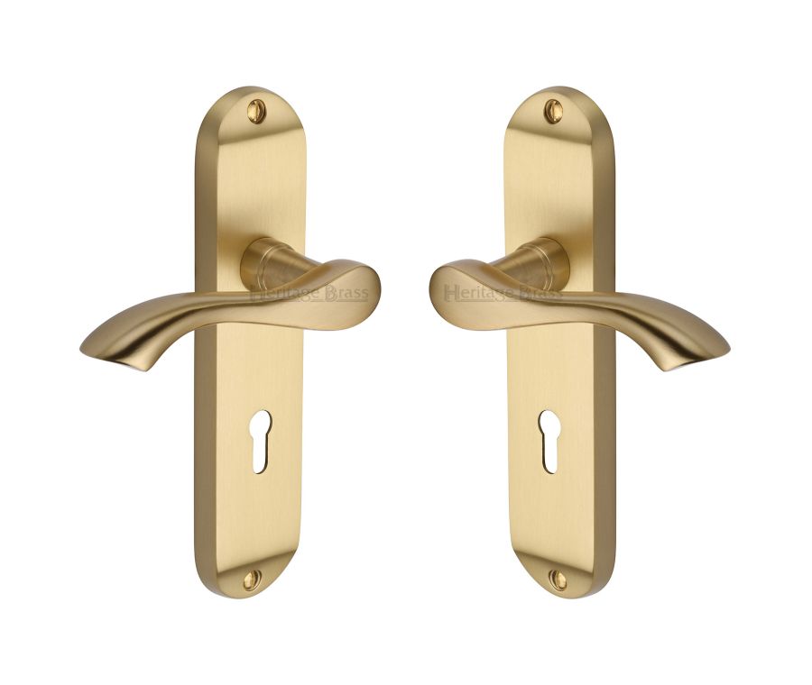 Heritage Brass Satin Brass Algarve Door Handle on Plate - Lever Lock