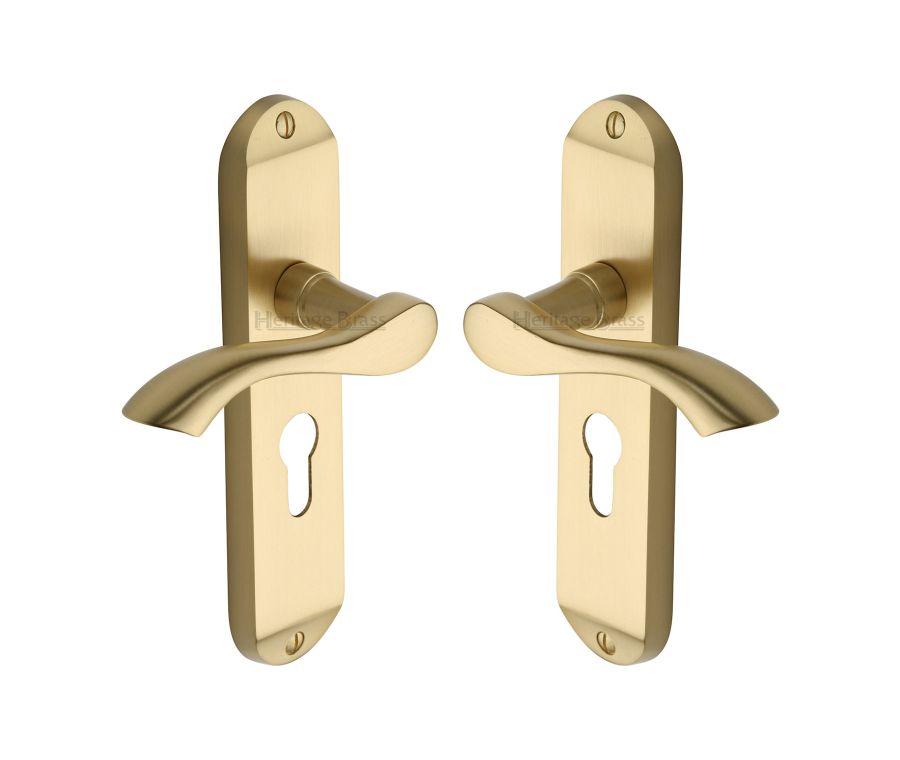 Heritage Brass Satin Brass Algarve Door Handle on Plate - Euro Profile