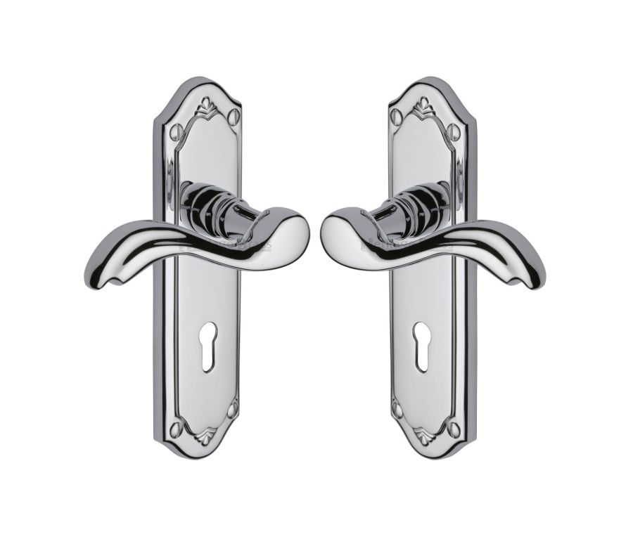 Heritage Brass Polished Chrome Lisboa Door Handle on Plate - Lever Lock