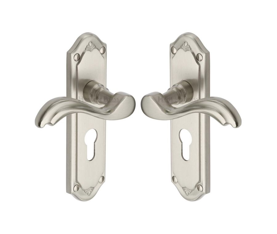 Heritage Brass Satin Nickel Lisboa Door Handle on Plate - Euro Profile
