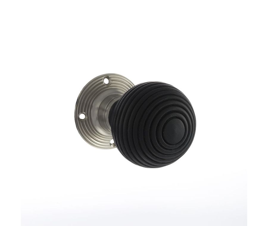 Set Old English Ebony Wood Whitby Round Reeded Mortice Knob with satin nickel rose | OE60RREMKSN