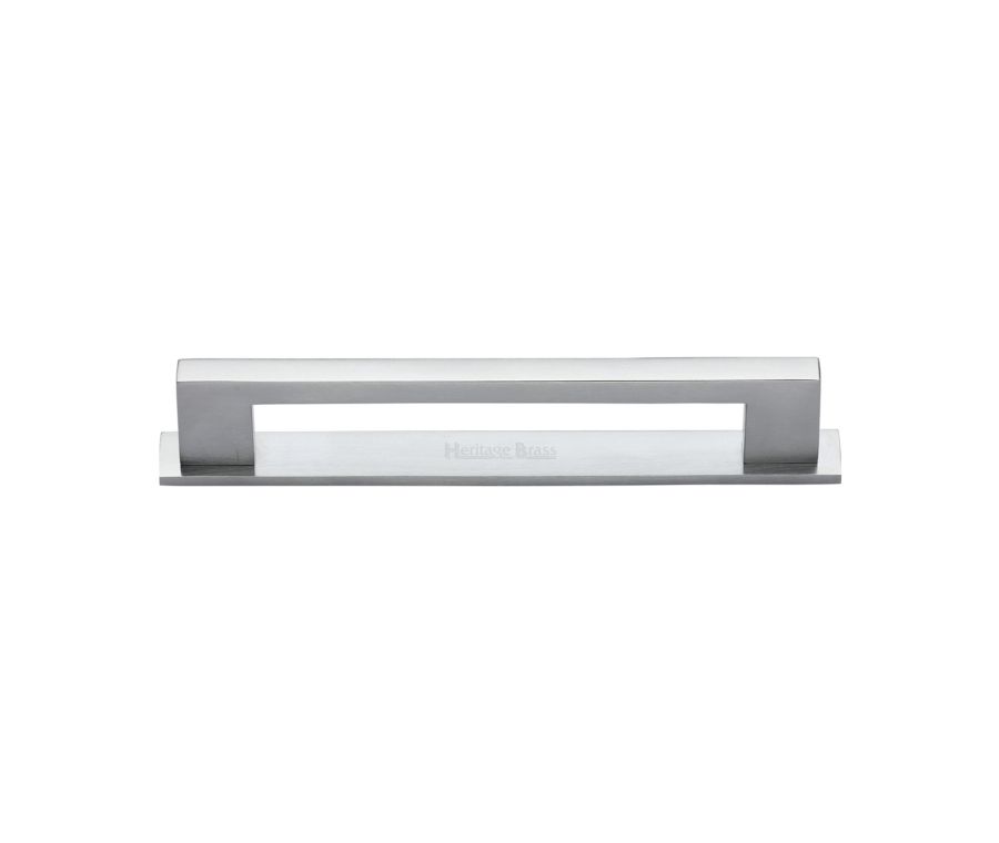 Heritage Brass Satin Chrome Metro Cabinet Pull Handle with Plate 128mm