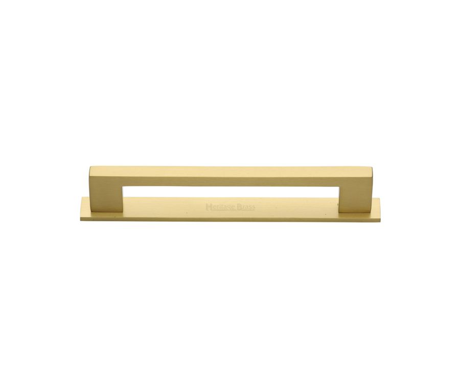 Heritage Brass Satin Brass Metro Cabinet Pull Handle with Plate 96mm