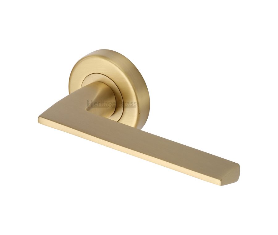 Satin Brass Pyramid Door Handle on Round Rose