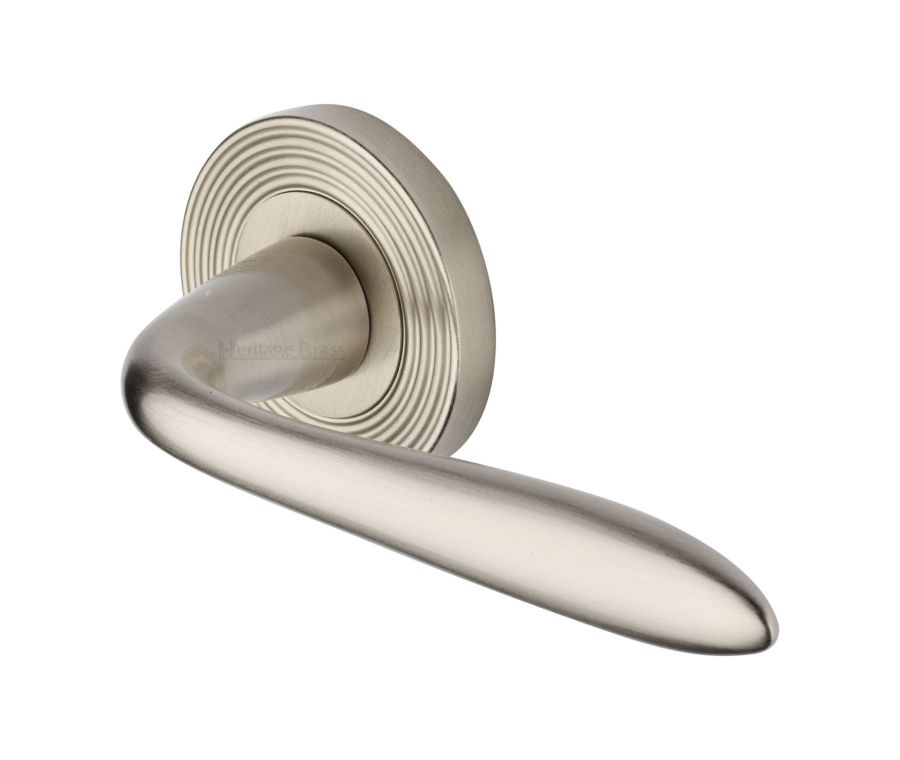Satin Nickel Sutton Reeded Door Handle on Round Rose