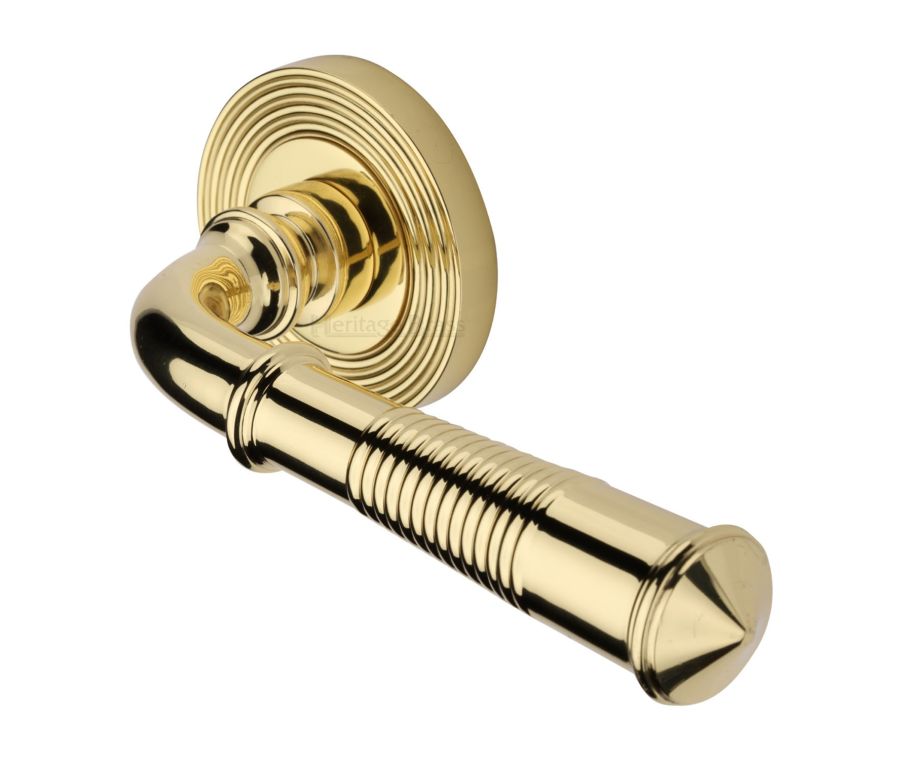 Polished Brass Bridgetown Reeded Door Handle on Round Rose