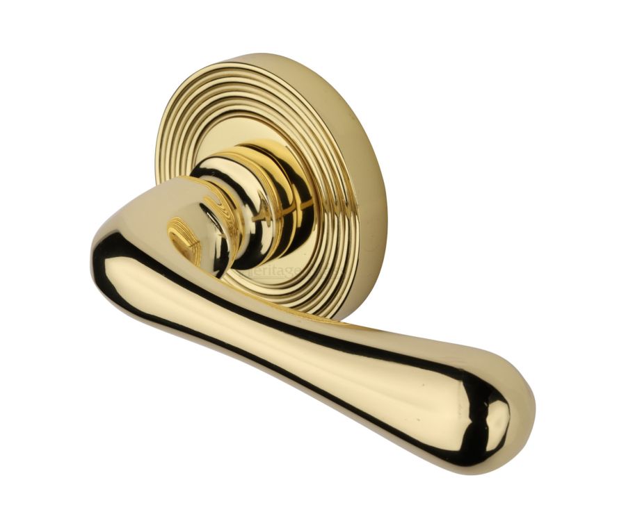 Polished Brass Charlbury Reeded Door Handle on Round Rose