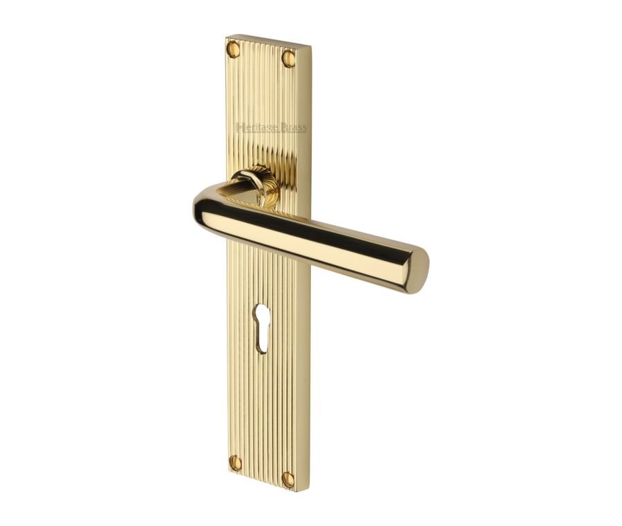 Heritage Brass Polished Brass Octave Reeded Door Handle on Plate - Lever Lock