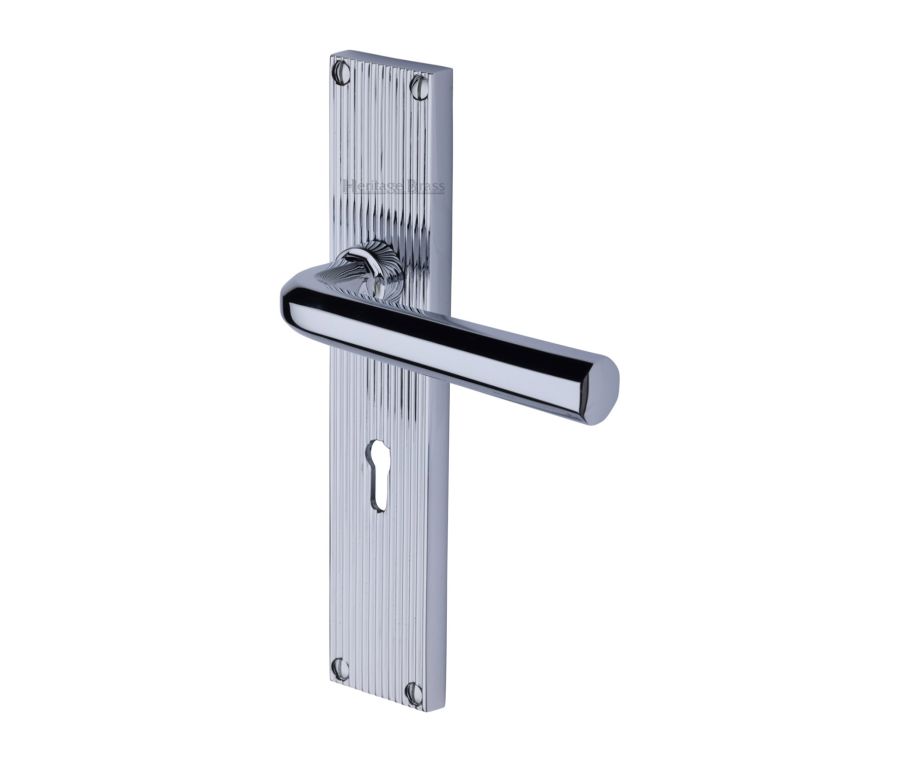 Heritage Brass Polished Chrome Octave Reeded Door Handle on Plate - Lever Lock