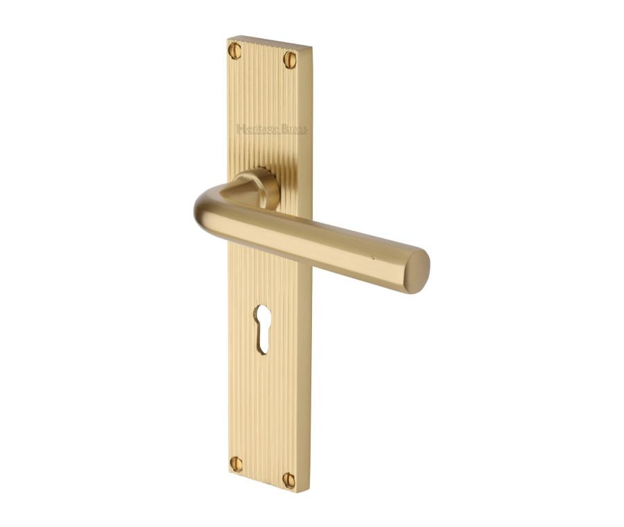 Heritage Brass Satin Brass Octave Reeded Door Handle on Plate - Lever Lock
