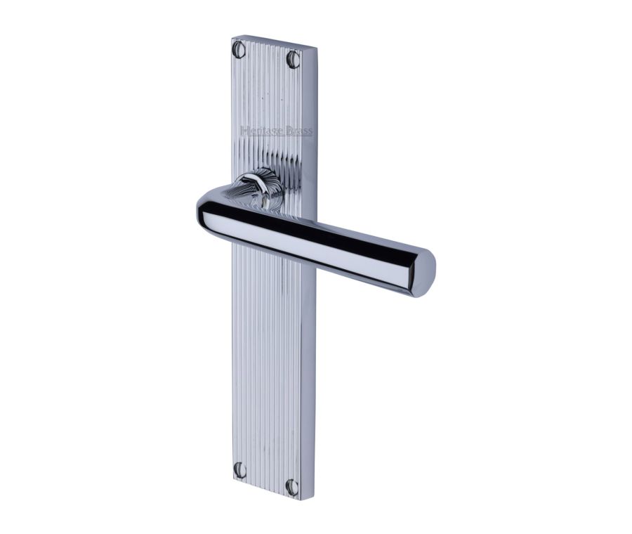 Heritage Brass Polished Chrome Octave Reeded Door Handle on Plate - Lever Latch