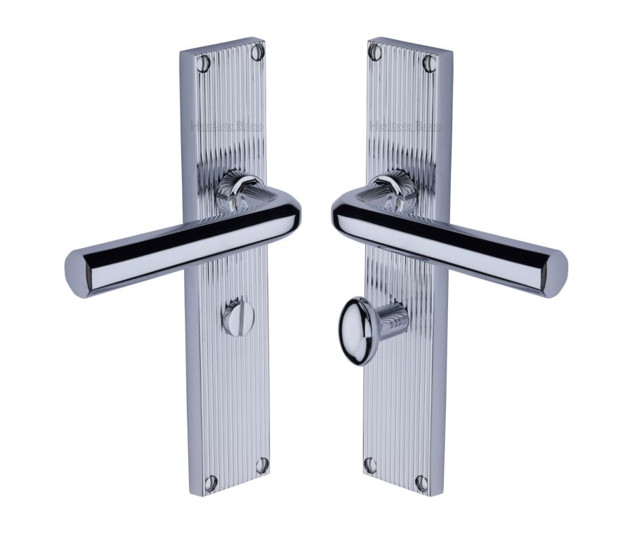 Heritage Brass Polished Chrome Octave Reeded Door Handle on Plate - Bathroom Set