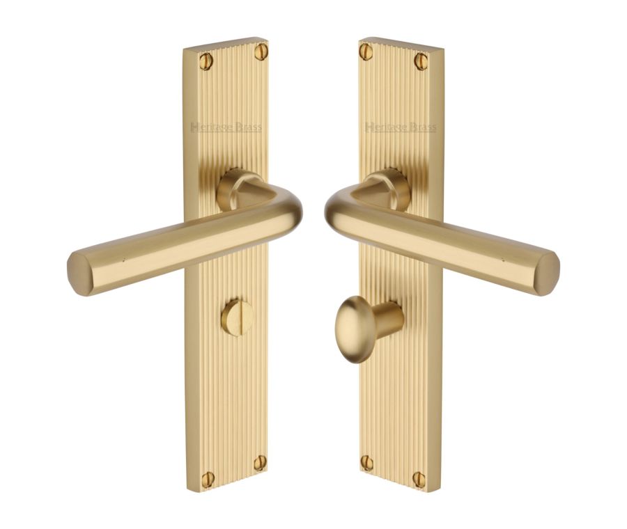 Heritage Brass Satin Brass Octave Reeded Door Handle on Plate - Bathroom Set