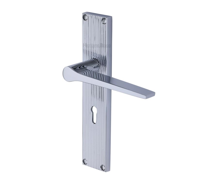 Heritage Brass Polished Chrome Gio Reeded Door Handle on Plate - Lever Lock