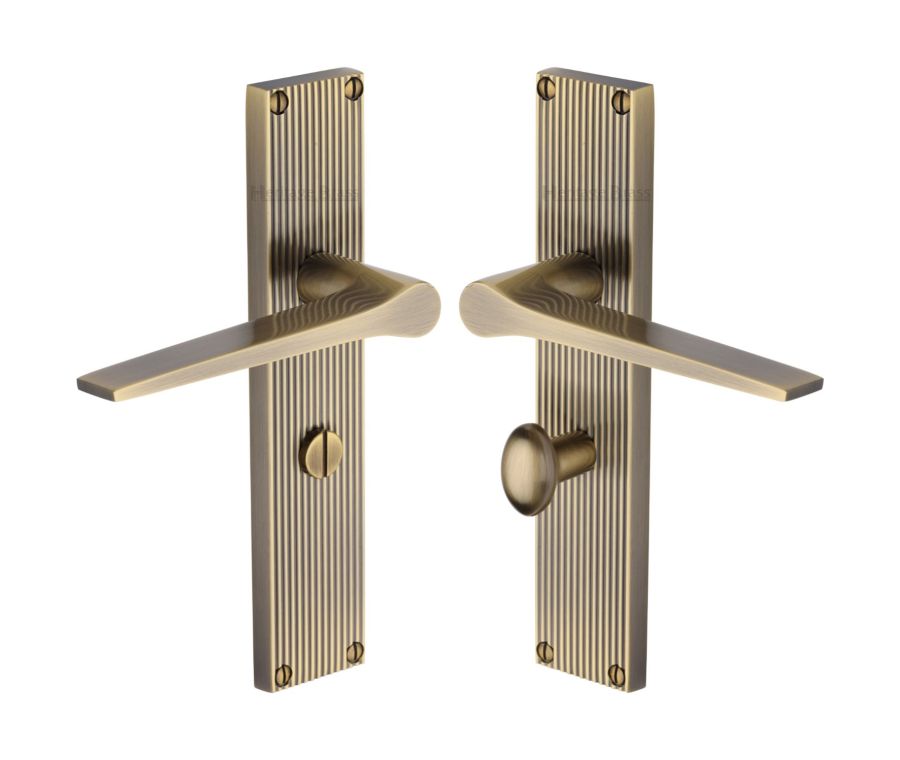 Heritage Brass Antique Brass Gio Reeded Door Handle on Plate - Bathroom Set