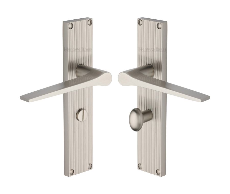 Heritage Brass Satin Nickel Gio Reeded Door Handle on Plate - Bathroom Set