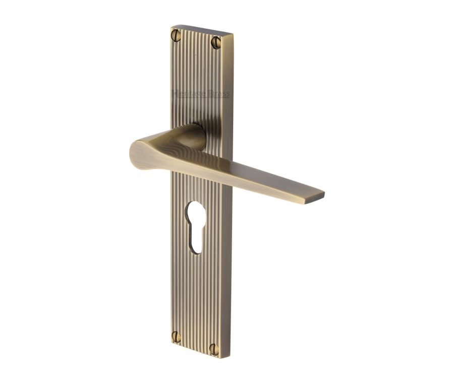 Heritage Brass Antique Brass Gio Reeded Door Handle on Plate - Euro Profile