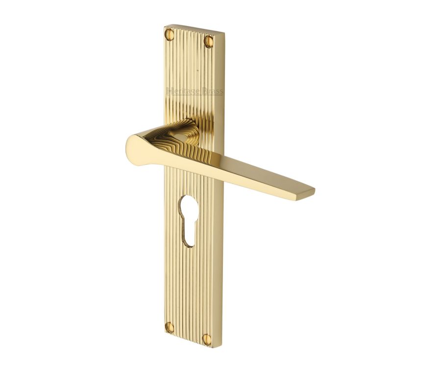 Heritage Brass Polished Brass Gio Reeded Door Handle on Plate - Euro Profile