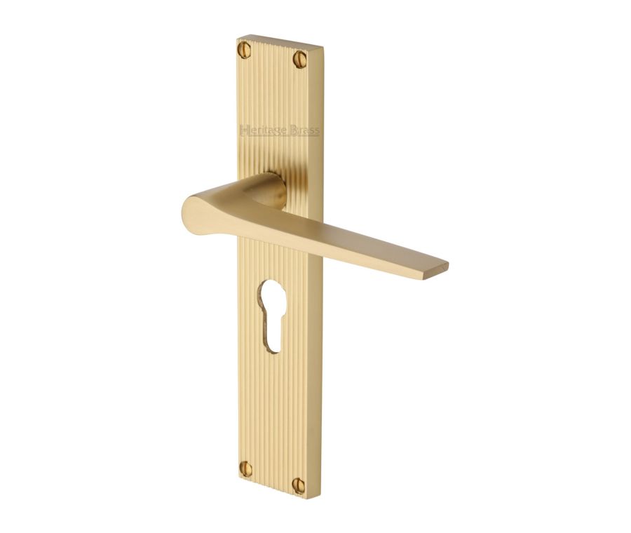 Heritage Brass Satin Brass Gio Reeded Door Handle on Plate - Euro Profile