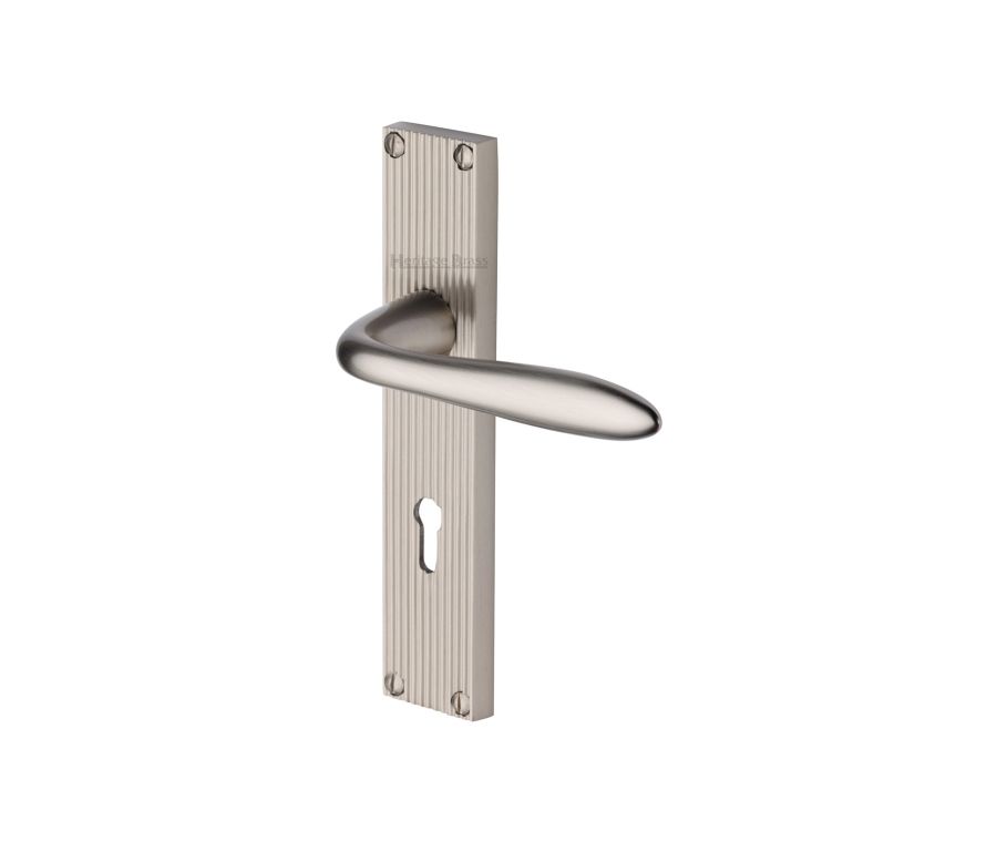 Heritage Brass Satin Nickel Sutton Reeded Door Handle on Plate - Lever Lock