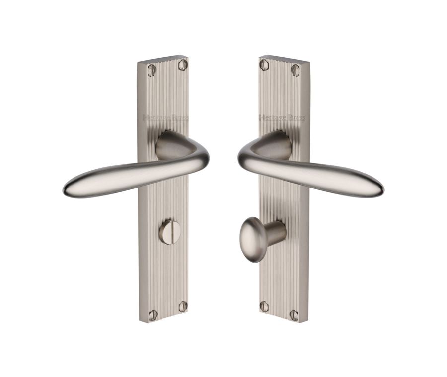 Heritage Brass Satin Nickel Sutton Reeded Door Handle on Plate - Bathroom Set