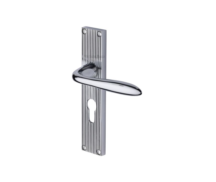 Heritage Brass Polished Chrome Sutton Reeded Door Handle on Plate - Euro Profile