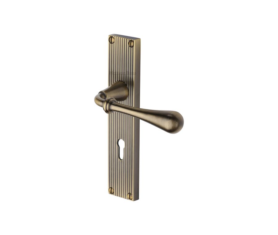 Heritage Brass Antique Brass Roma Reeded Door Handle on Plate - Lever Lock