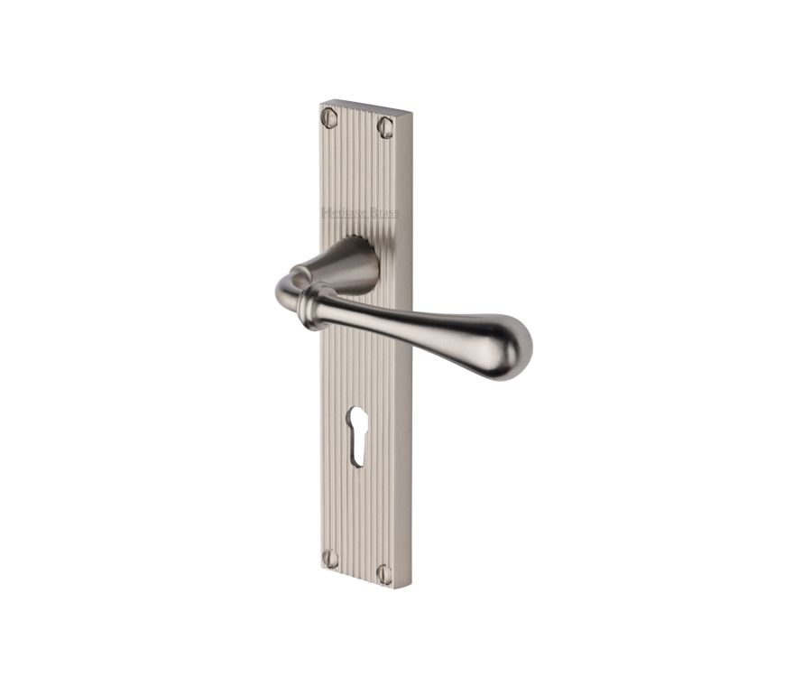 Heritage Brass Satin Nickel Roma Reeded Door Handle on Plate - Lever Lock