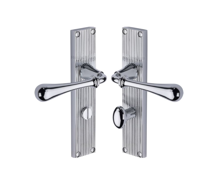 Heritage Brass Polished Chrome Roma Reeded Door Handle on Plate - Bathroom Set