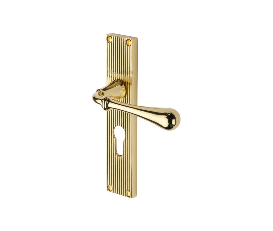 Heritage Brass Polished Brass Roma Reeded Door Handle on Plate - Euro Profile