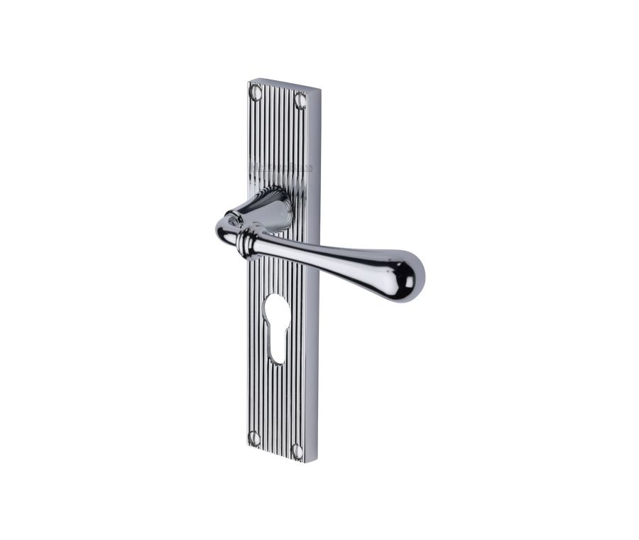 Heritage Brass Polished Chrome Roma Reeded Door Handle on Plate - Euro Profile