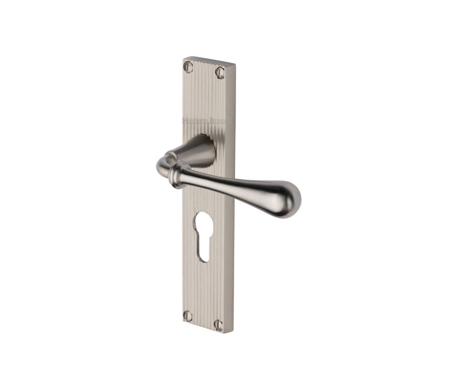 Heritage Brass Satin Nickel Roma Reeded Door Handle on Plate - Euro Profile