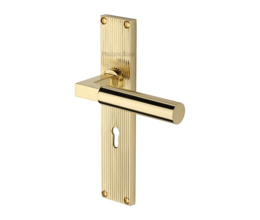 Heritage Brass Polished Brass Bauhaus Reeded Door Handle on Plate - Lever Lock