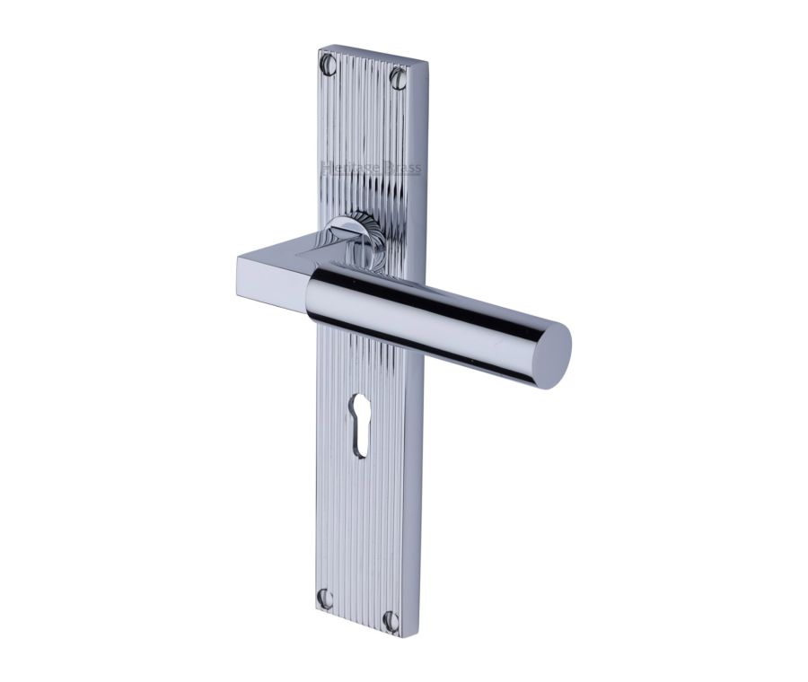 Heritage Brass Polished Chrome Bauhaus Reeded Door Handle on Plate - Lever Lock