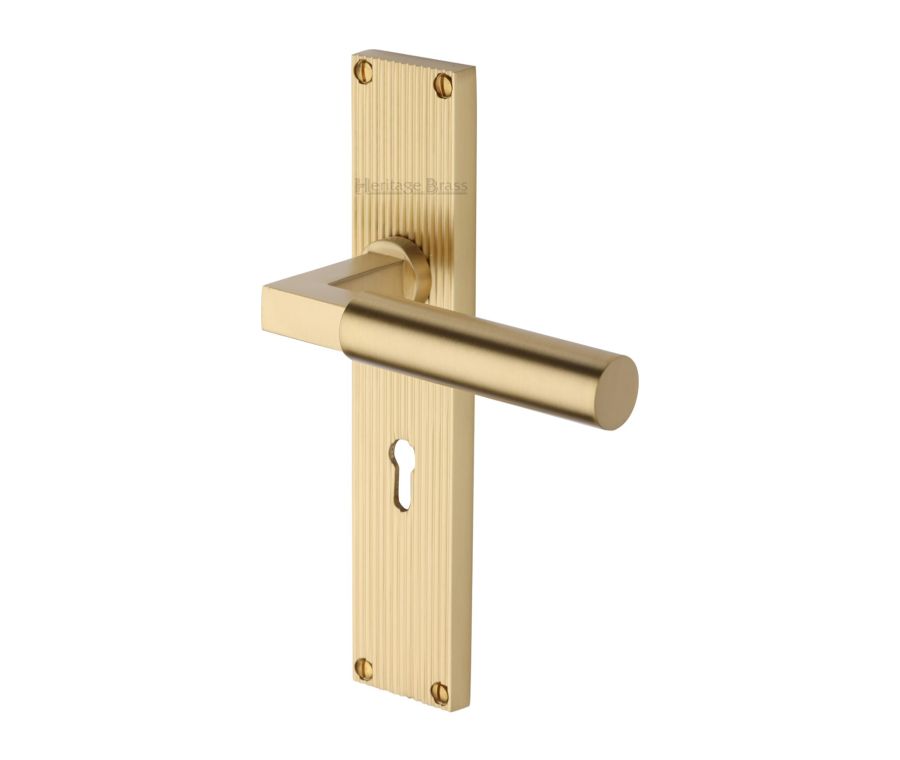 Heritage Brass Satin Brass Bauhaus Reeded Door Handle on Plate - Lever Lock