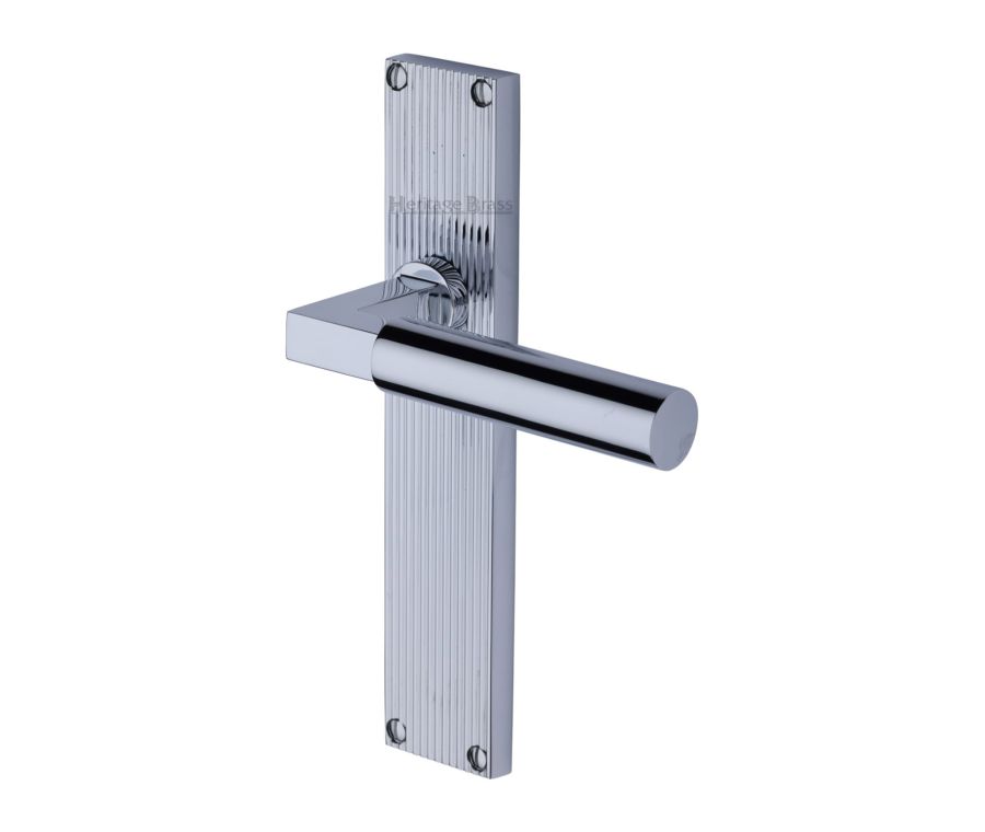 Heritage Brass Polished Chrome Bauhaus Reeded Door Handle on Plate - Lever Latch