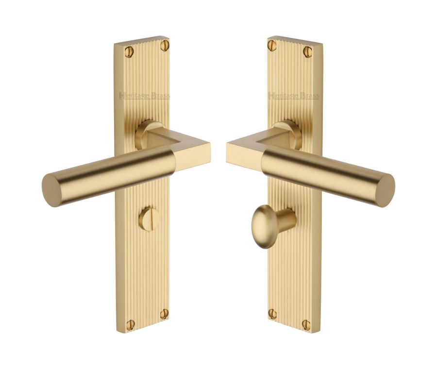 Heritage Brass Satin Brass Bauhaus Reeded Door Handle on Plate - Bathroom Set