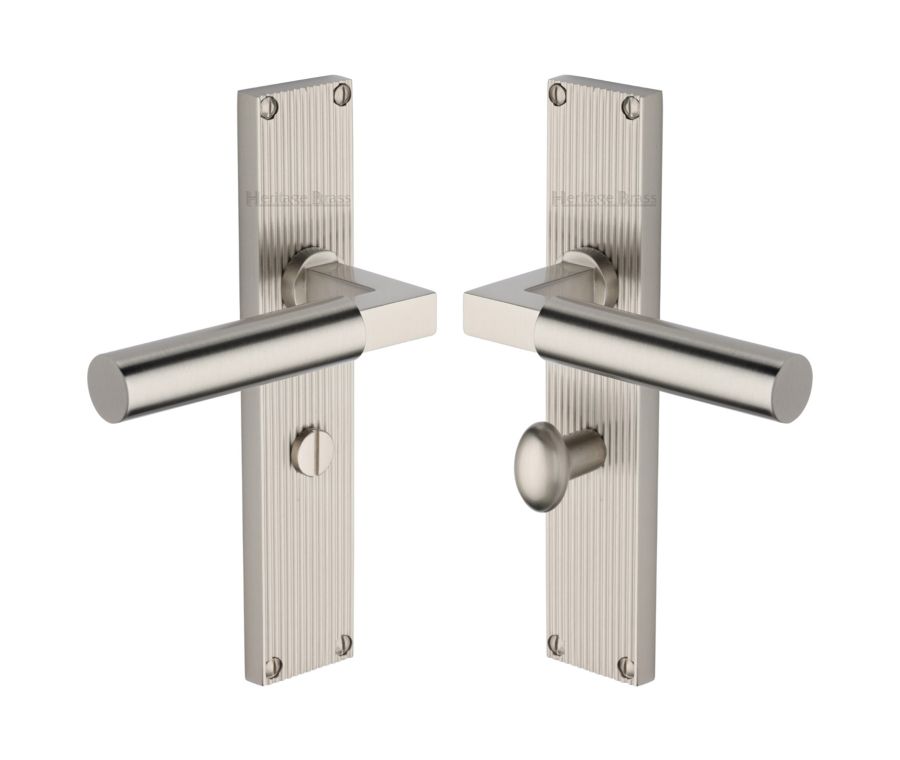 Heritage Brass Satin Nickel Bauhaus Reeded Door Handle on Plate - Bathroom Set