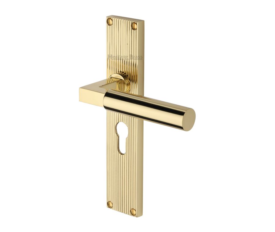 Heritage Brass Polished Brass Bauhaus Reeded Door Handle on Plate - Euro Profile