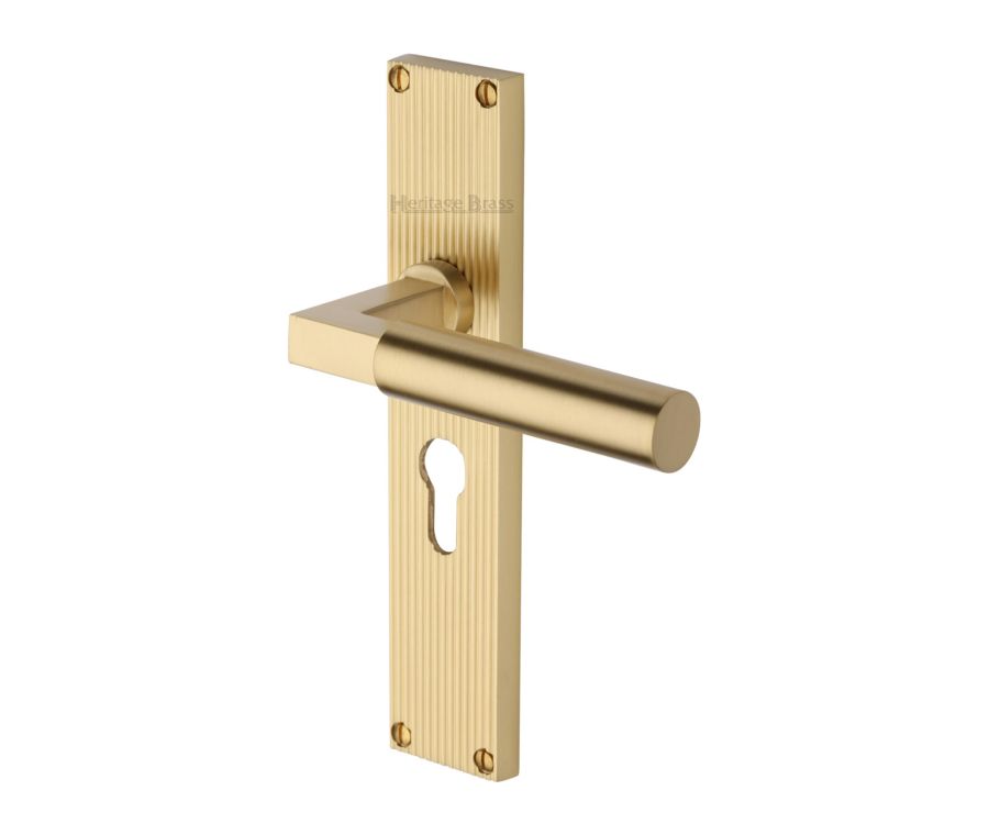 Heritage Brass Satin Brass Bauhaus Reeded Door Handle on Plate - Euro Profile