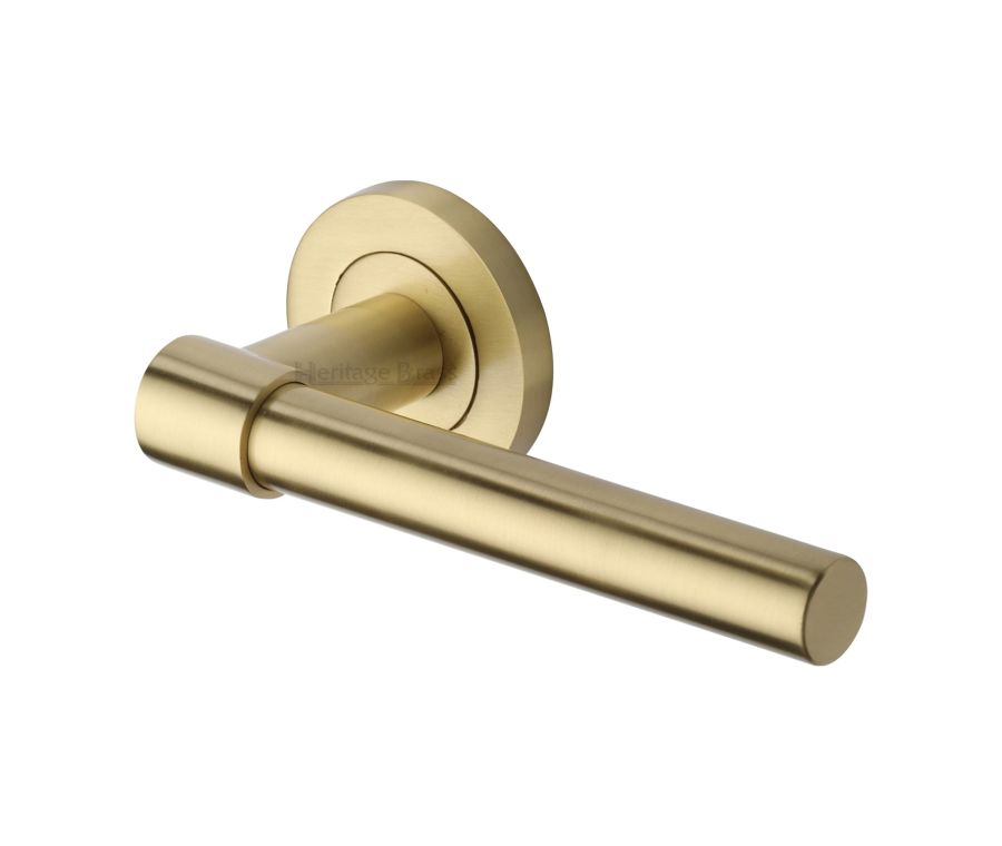 Satin Brass Phoenix Door Handle on Round Rose