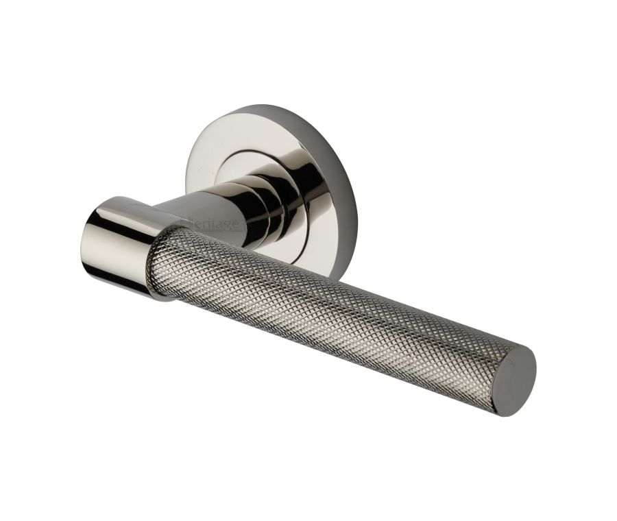 Polished Nickel Finish Phoenix Knurled Door Handle on Round Rose