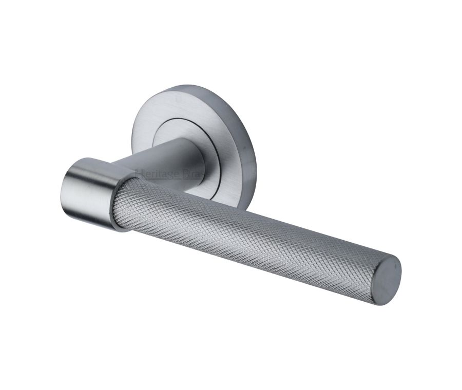 Satin Chrome Phoenix Knurled Door Handle on Round Rose