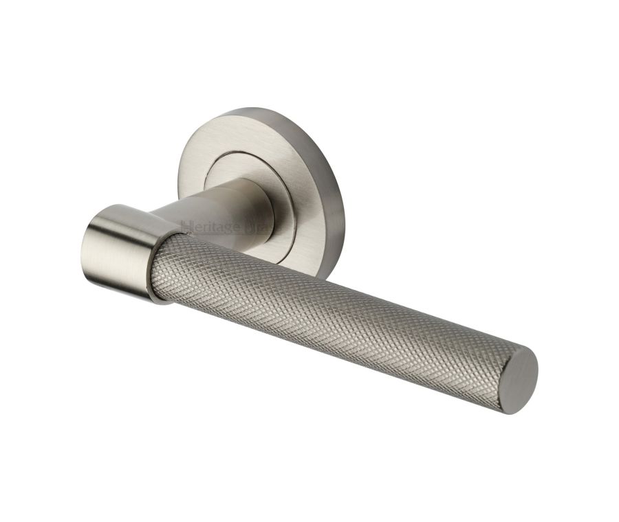 Satin Nickel Phoenix Knurled Door Handle on Round Rose