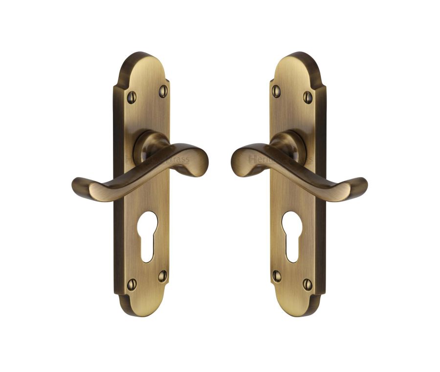 Heritage Brass Antique Brass Savoy Door Handle on Plate - Euro Profile