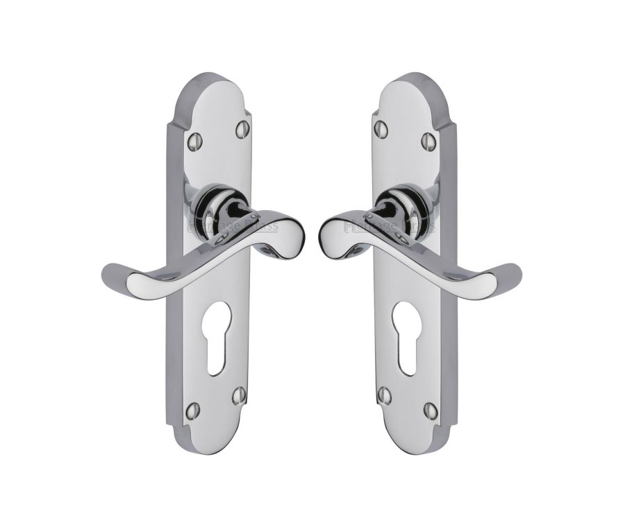 Heritage Brass Polished Chrome Savoy Door Handle on Plate - Euro Profile